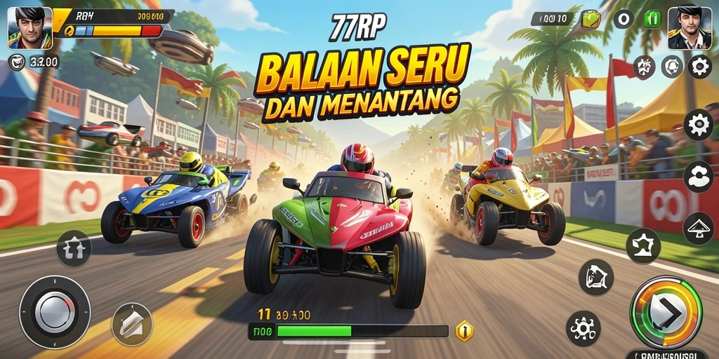 Screenshot gameplay 77RP menampilkan aksi balapan yang mendebarkan.