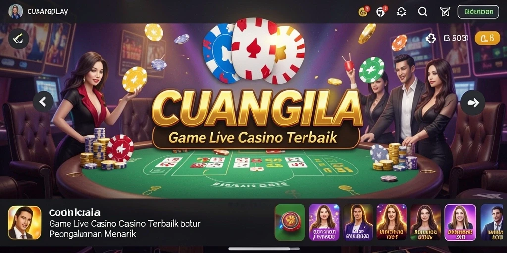 Screenshot gameplay CUANGILA menampilkan dealer profesional dan suasana kasino hidup.