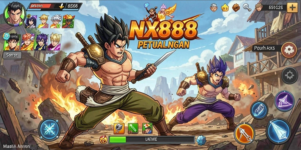 Screenshot NX888 menampilkan karakter Anime dalam pertarungan epik.