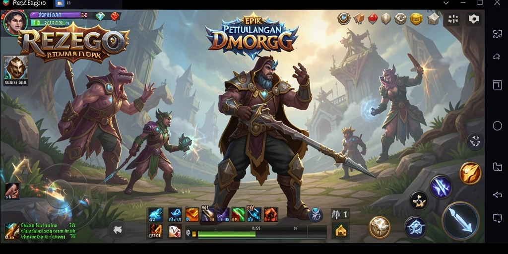 Tangkapan layar gameplay REZEGO menampilkan pertarungan epik di dunia fantasi.