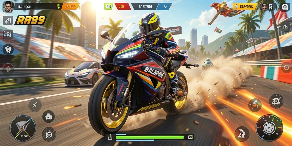Screenshot menampilkan aksi balapan motor yang mendebarkan.